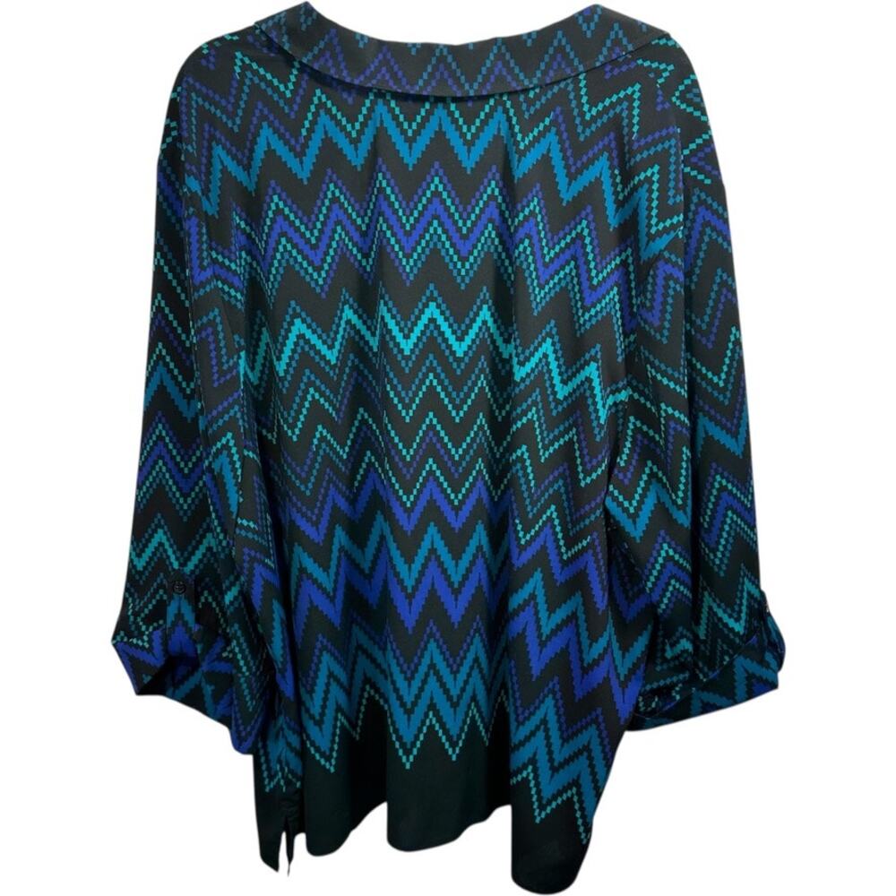 CATHERINES Button Up Blouse Plus SZ 3X Zigzag Lightweight Roll Tab Airy Artsy - Picture 2 of 8